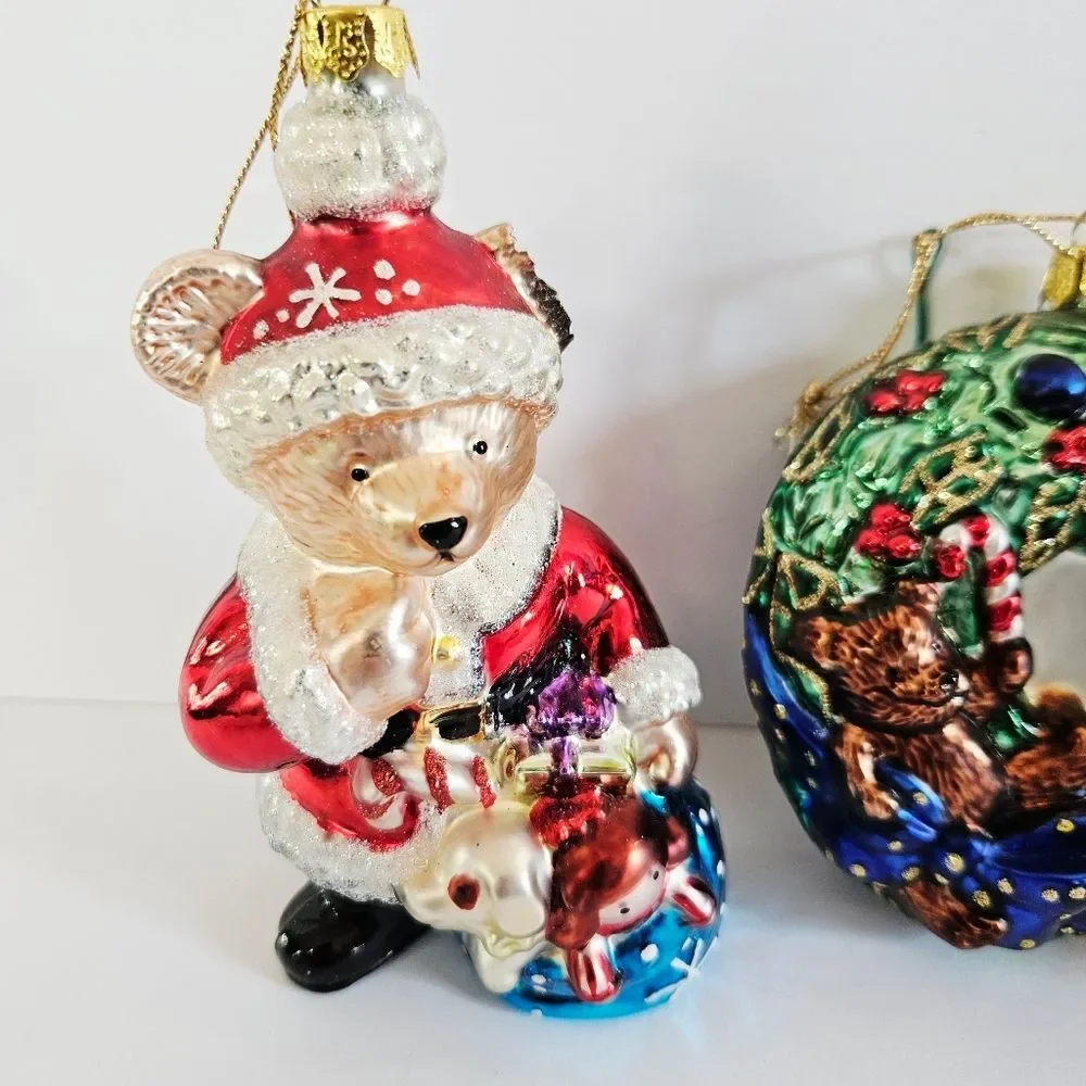Vintage Brass Key Hand-Painted Glass Christmas Ornaments Bear Wreath Gift Stack
